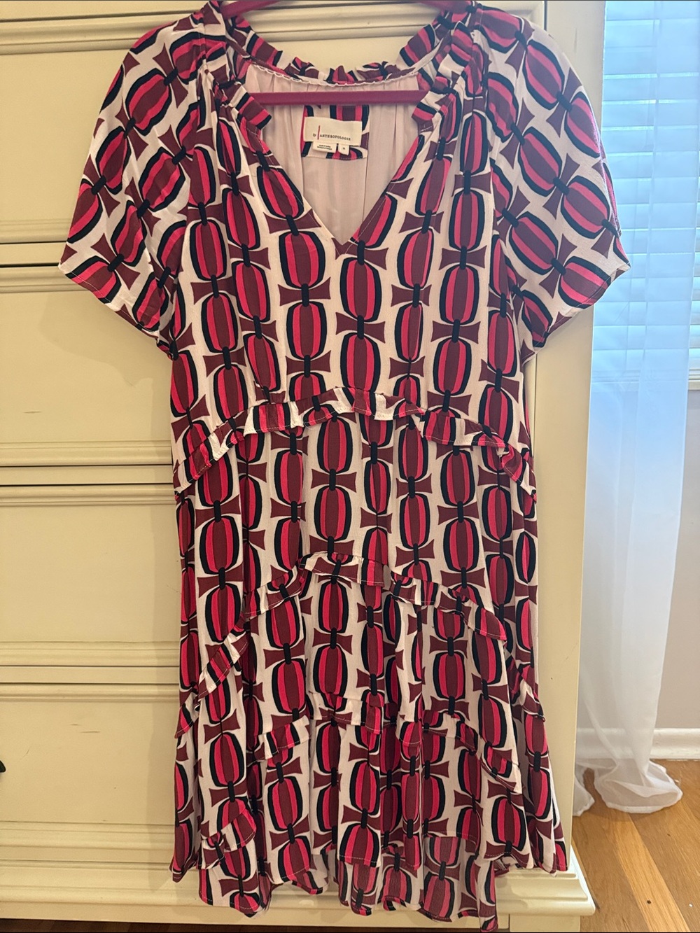 Anthropologie Pink, Black and White Geometric Midi Dress